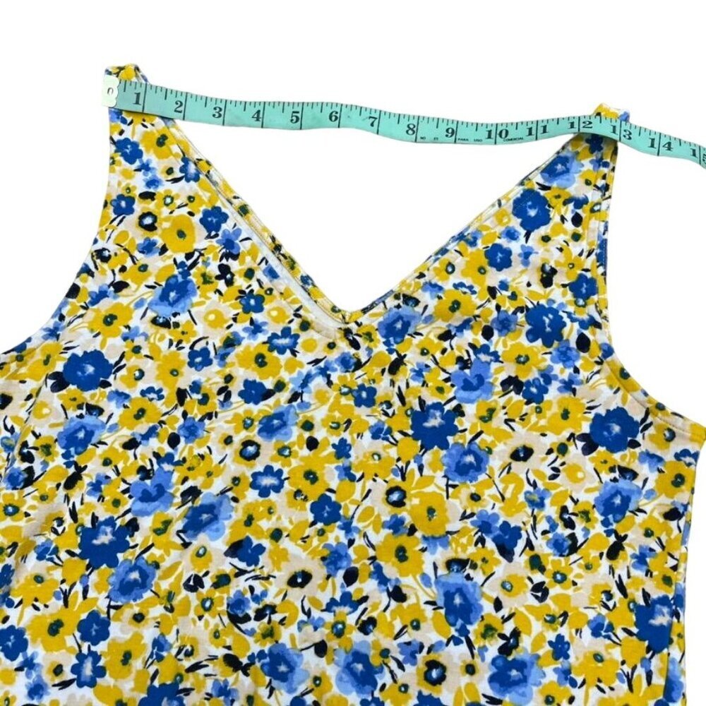 Ann Taylor Women Cotton/Spandex Floral Yellow & Blue Sleeveless V-Neck Top L - Picture 5 of 9